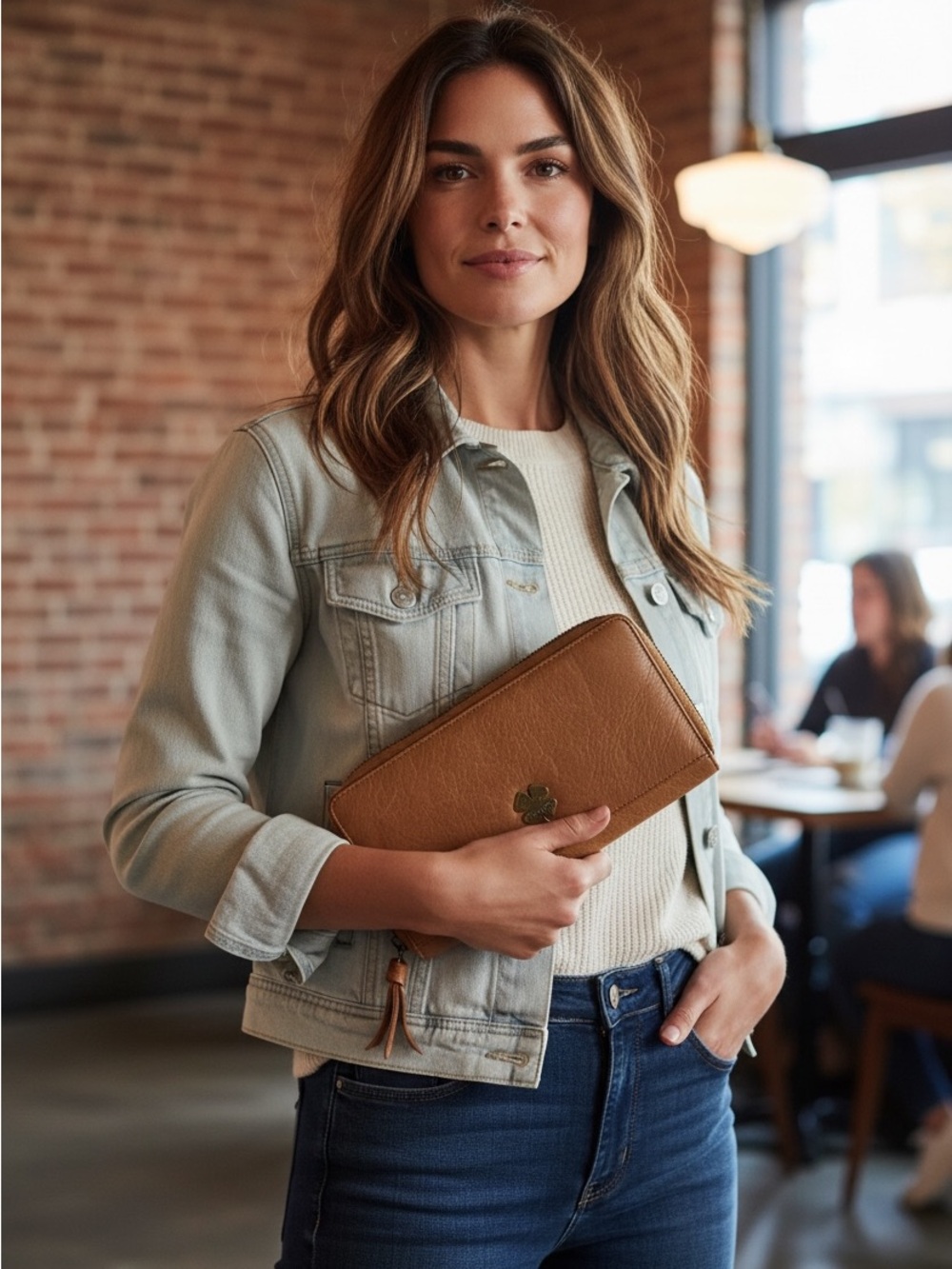 Lucky Brand Tan Leather Zip Wallet with Clover Emblem